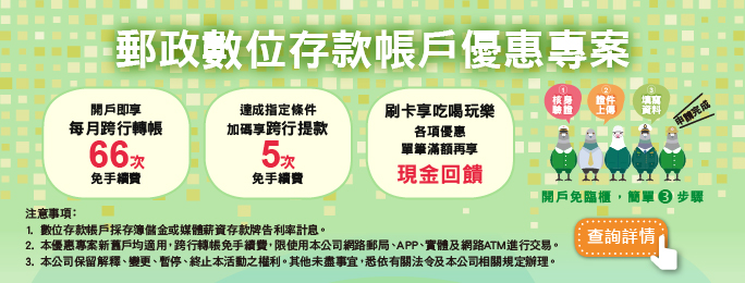 郵政數位存款帳戶優惠專案:
1.開戶即享每月跨行轉帳66次免手續費。
2.達成指定條件，加碼享跨行提款5次免手續費。
3.刷卡享吃喝玩樂各項優惠。