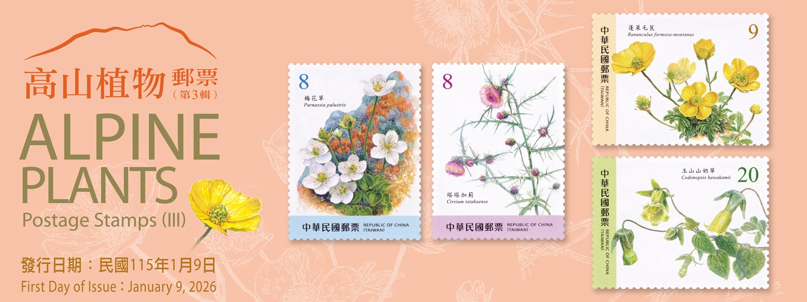 繼110、112年發行高山植物郵票第1、 2輯後，本公司續發行第3輯郵票1套4枚。