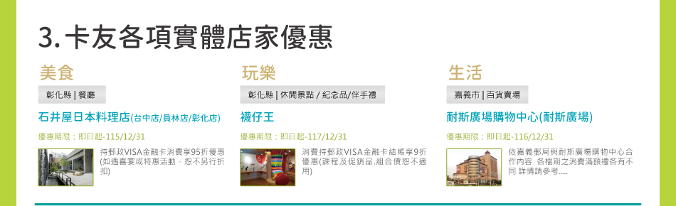 3.卡友各項實體店家優惠：上百家美食、住宿、生活…等特店，好康等你拿！