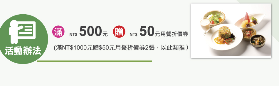 活動辦法：刷卡消費滿NT$500元贈$50元用餐折價券1張，滿NT$1000元贈$50元用餐折價券2張，以此類推