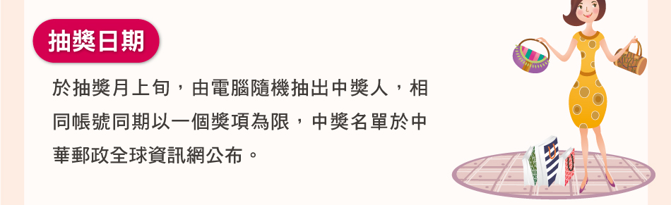 抽獎日期：於抽獎月上旬，由電腦隨機抽出中獎人，相同帳號同期以一個獎項為限，中獎名單於中華郵政全球資訊網公布。