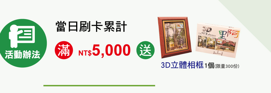 當日刷卡累計滿NT$5,000元，送「3D立體相框」1個(限量300份)；每卡每日限兌換1份。