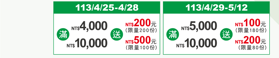 (4)ĤGi-4113/4/25-4/28GdO֭pNT$4,000Aiɡuʯӫ~§200v1(q200)FNT$10,000Aiɡuʯӫ~§500v1(q100)C(5)ĤGi-113/4/29-5/12GdO֭pNT$5,000Aiɡuʯӫ~§100v1(q180)FNT$10,000Aiɡuʯӫ~§200v1(q80)C