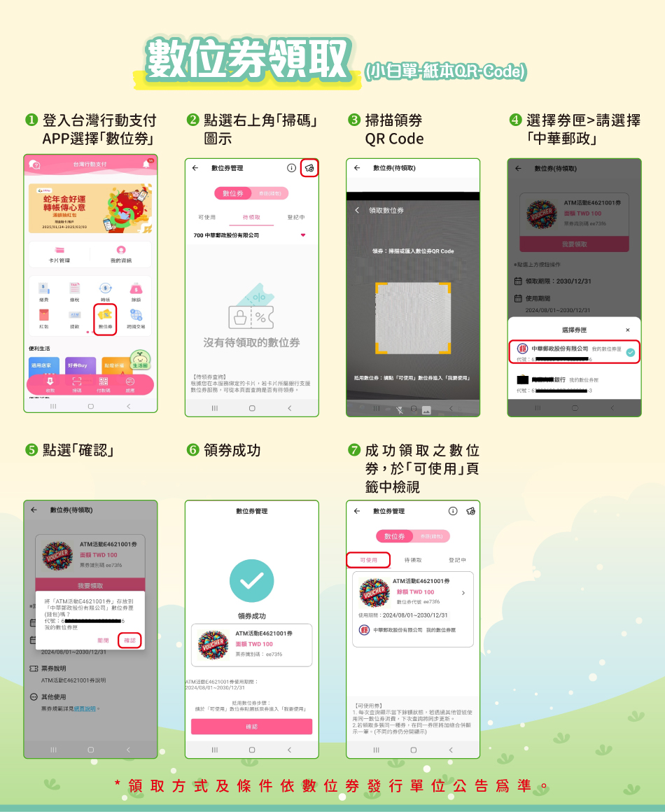 數位券領取(小白單-紙本QR-Code)：1.登入台灣行動支付APP選擇「數位券」2.點選右上角「掃碼」圖示3.掃描領券QR Code4.選擇券匣>請選擇「中華郵政」5.點選「確認」6.領券成功7.成功領取之數位券，於「可使用」頁籤中檢視。*領取方式及條件依數位券發行單位公告為準。
