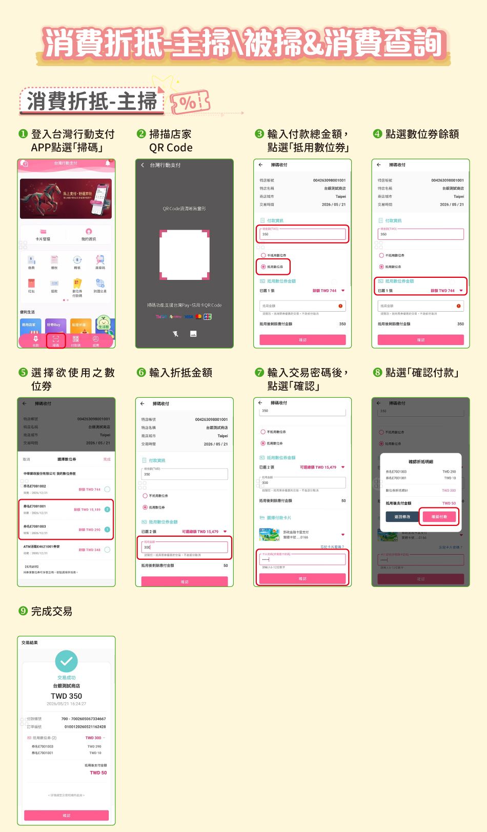 數位券消費折抵及查詢→「消費折抵-主掃」：1.登入台灣行動支付APP點選「掃碼」2.掃描店家QR Code3.輸入付款總金額，點選「抵用數位券」4.點選數位券餘額5.選擇欲使用之數位券6.輸入折抵金額7.輸入交易密碼後，點選「確認」8.點選「確認付款」9.完成交易。「消費折抵-被掃」：1.登入台灣行動支付APP點選「數位券付款碼」2.選擇欲使用之數位券及輸入折抵金額後，點選「出示抵用付款碼」3.點選「數位券+卡片支付」或「純數位券抵用」4.輸入交易密碼後，點選「確認」5.顯示付款條碼供店家掃碼6.完成交易。「消費查詢」：1.登入台灣行動支付APP點選「我的資訊」2.輸入登入密碼後，點選「確認」3.點選「數位券管理」4.點選上方「使用紀錄」5.點選欲查看之單筆消費紀錄6.顯示該筆數位券消費紀錄明細。