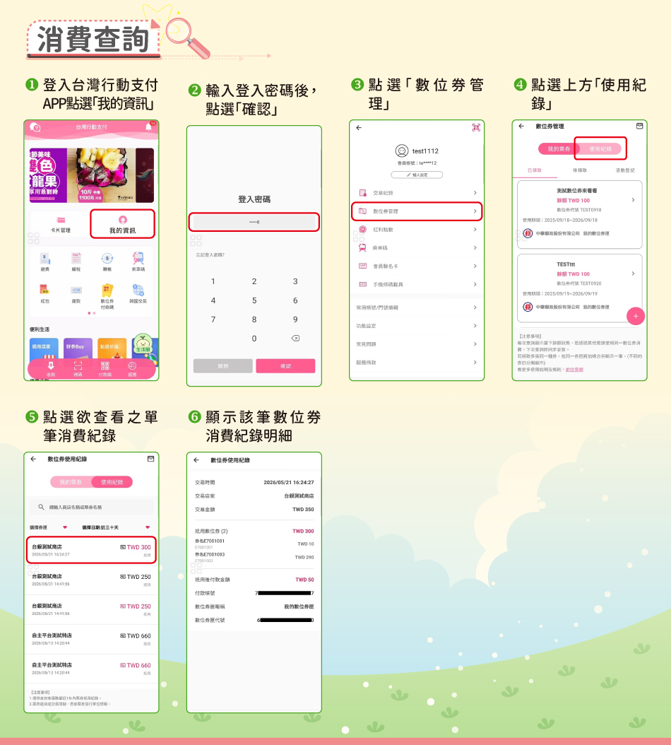 數位券消費折抵及查詢→「消費查詢」：1.登入台灣行動支付APP點選「我的資訊」2.輸入登入密碼後，點選「確認」3.點選「數位券管理」4.點選上方「使用紀錄」5.點選欲查看之單筆消費紀錄6.顯示該筆數位券消費紀錄明細。