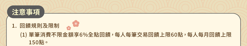 活動內容：1.回饋規則及限制(1)單筆消費不限金額享6%全點回饋，每人每筆交易回饋上限60點，每人每月回饋上限150點。