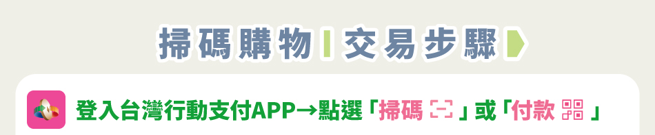 掃碼購物交易步驟登入台灣行動支付APP，點選「掃碼」或「付款」