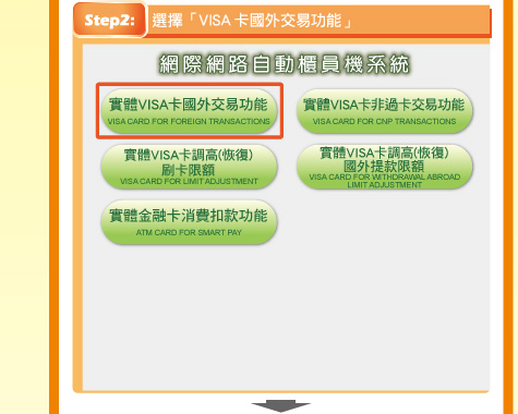 步驟2：選擇「VISA卡國外交易功能」。