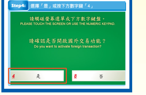 步驟4：選擇「是」或按下方數字鍵「4」，就可啟用郵政VISA金融卡線上刷卡功能。