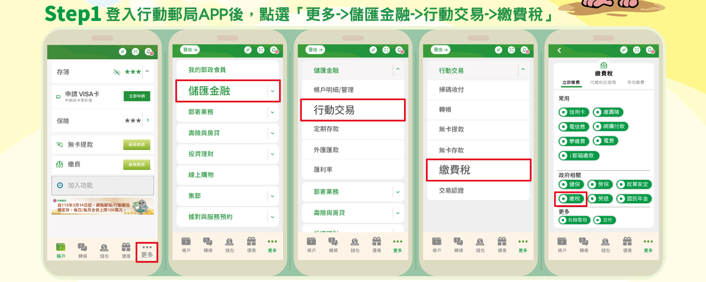 行動郵局繳稅流程示意圖Step1.登入行動郵局APP後，點選「更多->儲匯金融->行動交易->繳費稅」；