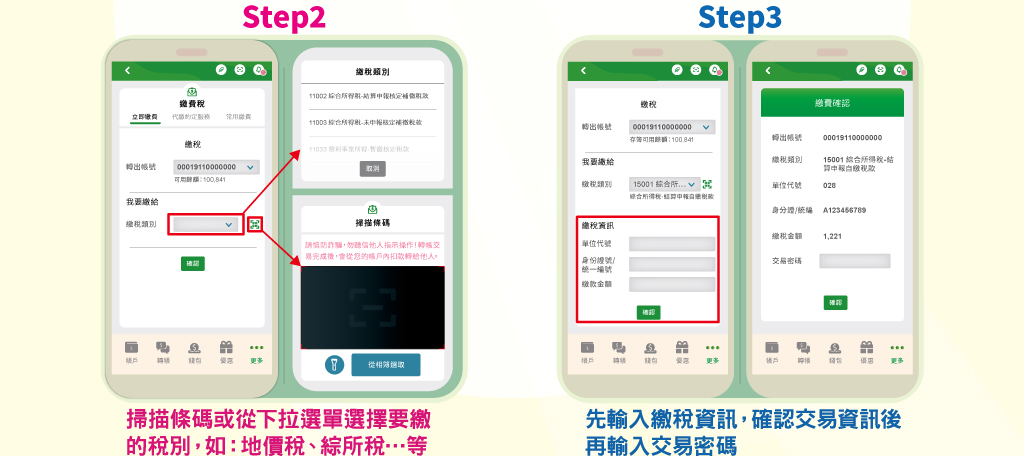 Step2.掃瞄條碼或從下拉選單選擇要繳的稅別，如：地價稅、綜所稅、營利事業所得稅…等；Step3.於行動郵局APP確認交易資訊，輸入交易密碼確認交易。