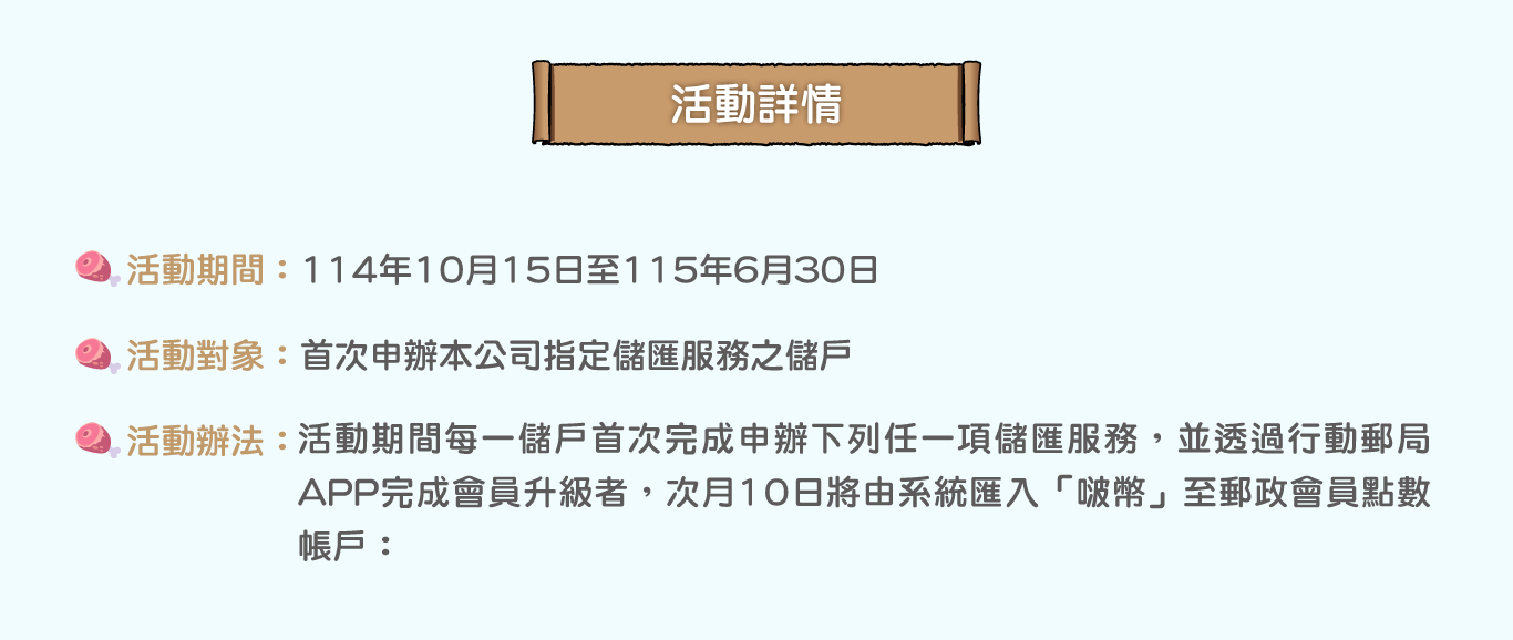 活動詳情：「活動期間：114年10月15日至115年6月30日。活動對象：首次申辦本公司指定儲匯服務之儲戶。活動辦法：活動期間每一儲戶首次完成申辦下列任一項儲匯服務，並透過行動郵局APP完成會員升級者，次月10日將由系統匯入「啵幣」至郵政會員點數帳戶：