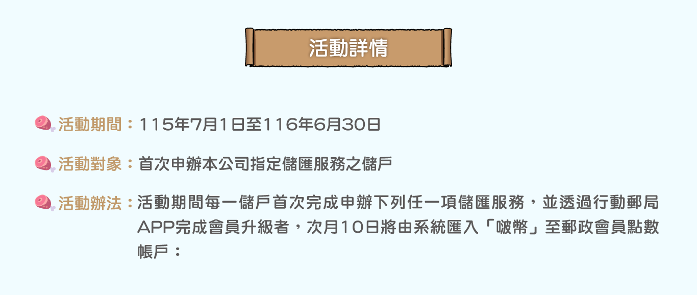 活動詳情：「活動期間：115年7月1日至116年6月30日。活動對象：首次申辦本公司指定儲匯服務之儲戶。活動辦法：活動期間每一儲戶首次完成申辦下列任一項儲匯服務，並透過行動郵局APP完成會員升級者，次月10日將由系統匯入「啵幣」至郵政會員點數帳戶：