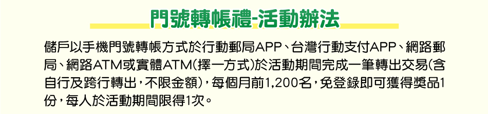 活動辦法：(二)門號轉帳禮：儲戶以手機門號轉帳方式於行動郵局APP、台灣行動支付APP、網路郵局、網路ATM或實體ATM(擇一方式)完成一筆轉出交易(含自行及跨行轉出，不限金額)，每個月前1,200名，免登錄即可得獎品1份，每人(以身分字號歸戶)於活動期間限得1次。