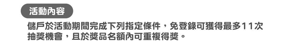 活動內容： 儲戶於活動期間完成下列指定條件，免登錄可獲得最多11次抽獎機會，且於獎品名額內可重複得獎。