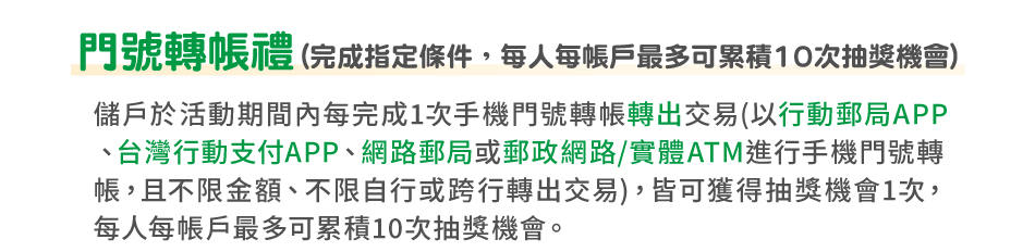 門號轉帳禮(完成指定條件，每人每帳戶最多可累積10次抽獎機會)：儲戶於活動期間內每完成1次手機門號轉帳轉出交易(以行動郵局APP、台灣行動支付APP、網路郵局或郵政網路/實體ATM進行手機門號轉帳，且不限金額、不限自行或跨行轉出交易)，皆可獲得抽獎機會1次，每人每帳戶最多可累積10次抽獎機會。