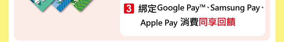 (3)使用Google Pay™、Samsung Pay、 Apple Pay 綁定郵政VISA金融卡消費與實體卡同享現金回饋。