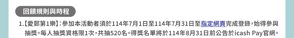 回饋規則與時程：1.【愛郵第1樂】：參加本活動者須於114年7月1日至114年7月31日至指定網頁完成登錄，始得參與抽獎。每人抽獎資格限1次，共抽520名。得獎名單將於114年8月31日前公告於icash Pay官網。