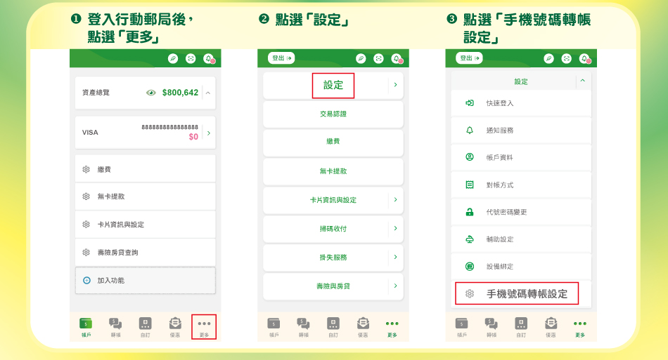 流程1.登入行動郵局後，點選「更多」。2.點選「設定」。3.點選「手機號碼轉帳設定」