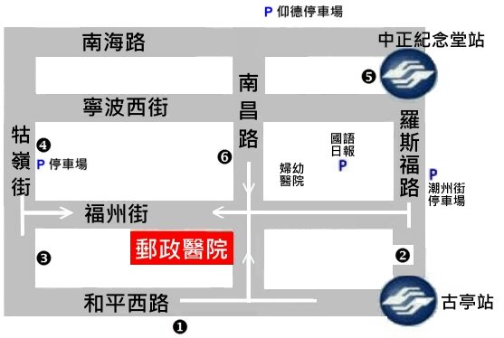 郵政醫院交通位置圖地址：台北市中正區福州街14號