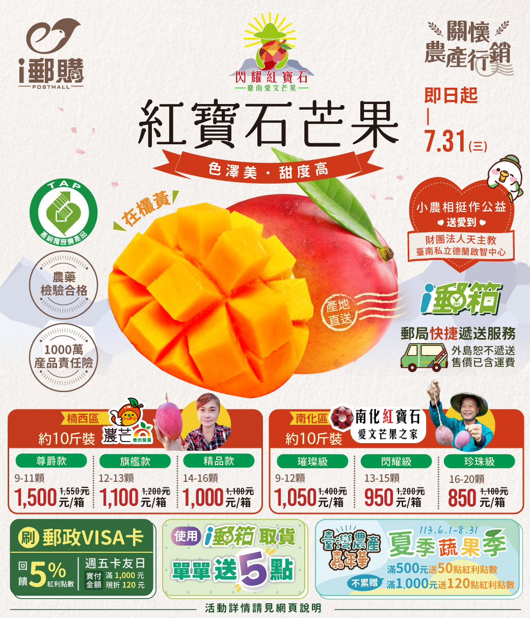 臺南紅寶石愛文芒果開賣囉！狂賀活動店家各獲芒果評鑑與全國優良農業產銷班！果香奔放、完熟在欉黃、酸甜多汁！再享好康3重送！