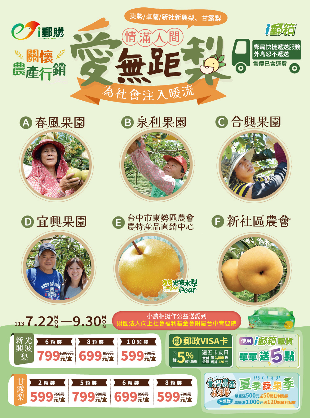 清脆多汁的新興梨、綿密細緻並帶有淡淡甘蔗香的甘露梨，這個夏天絕對不能錯過的當季好滋味，刷郵政VISA卡還回饋5%紅利點數喔！