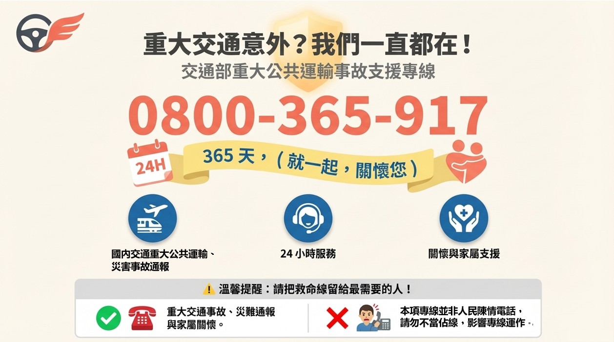 交通部「重大公共運輸事故支援專線」已於115年3月26日正式啟用