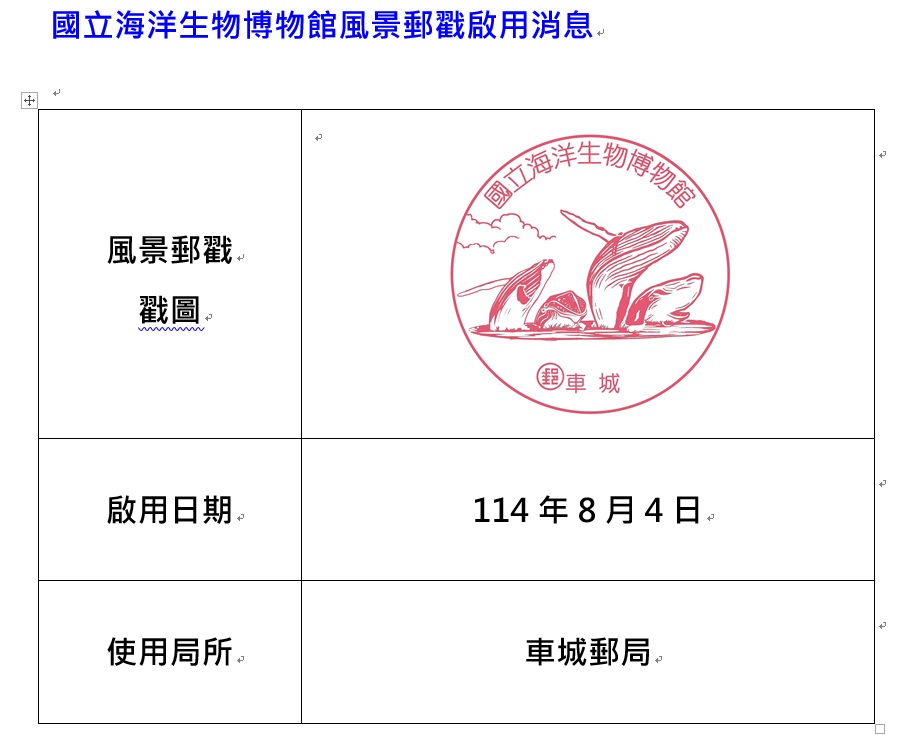 國立海洋生物博物館風景郵戳啟用消息