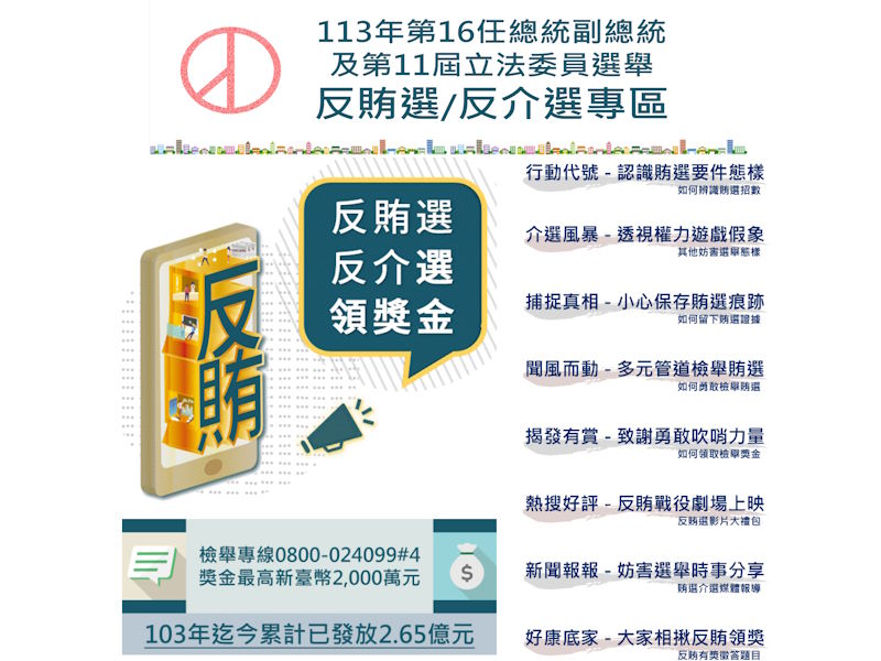 臺北市政府政風處設置「反賄選/反介選專區」，並結合線上有獎徵答活動推廣，協助轉知同仁及民眾踴躍參與